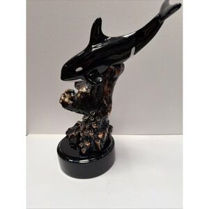 Donjo Signed Orca Whale Sculpture 2000 Bronze Tone Base Black Resin